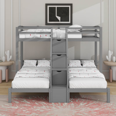 Twin Over Twin & Twin Bunk Bed With Built-In Staircase And Drawer