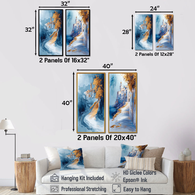 Ensemble de 2 pièces d'art marocain Rabat bleu Kasbah I - Maroc, H 32 po x l 32 po, Cadre flottant brun