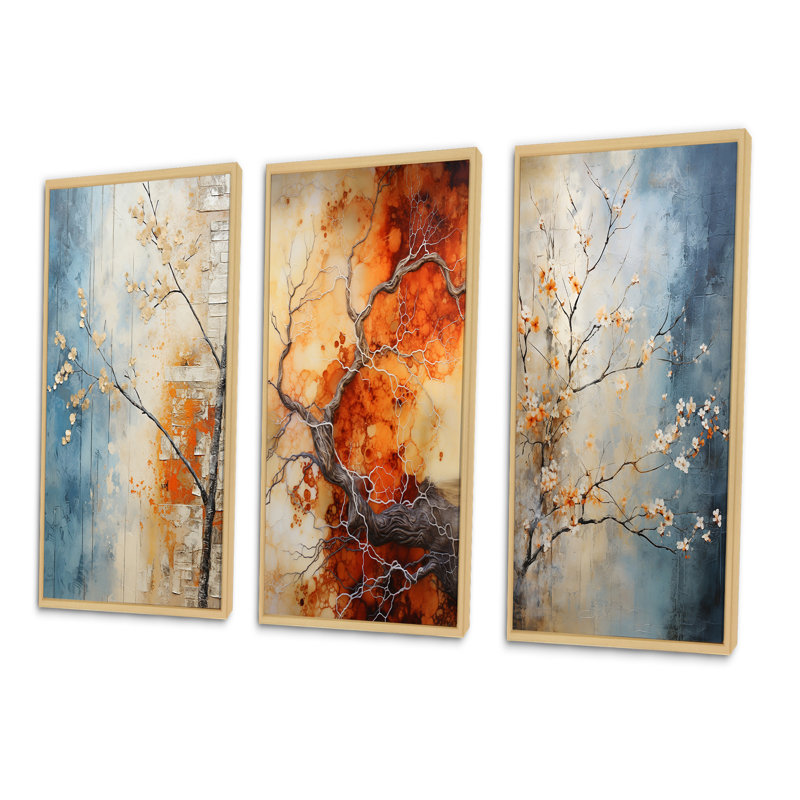 «Orange Teal Maple Tree Glowing Embers», 3 pièces sur toile, Cadre naturel flottant, H 28 po x l 36 po