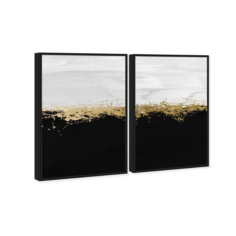 Oliver Gal Halfway in Black and White Diptych Abstract - Hand-Applied Leaf Framed Canvas Art, 37" H x 25" W, Black