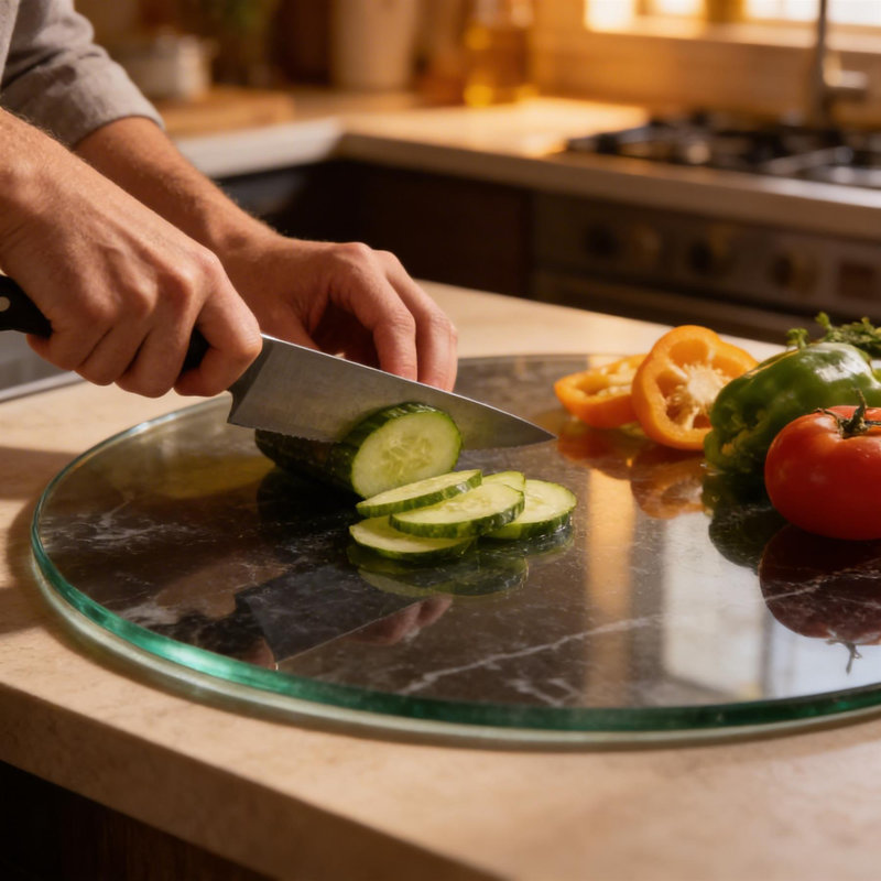 Harbour Housewares - Round Glass Chopping Board - 30cm - Black Marble Effect