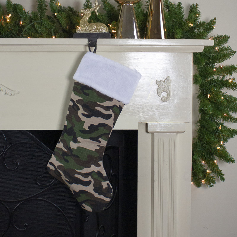 18" White and Green Camouflage Christmas Stocking with Cuff