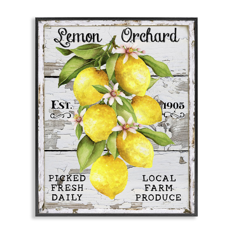 Art giclée Lemon Orchard Market par Creatif Belle, H 14 po x l 11 po, Giclée encadrée noir minuit