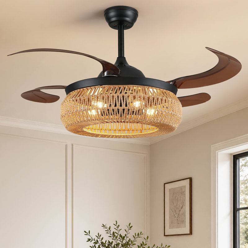 Ventilateur de plafond invisible tissé en forme de tambour de 48 po avec ficelle en forme de tambour et invisibles (avant / arrière et télécommande) (ampoule non incluse)