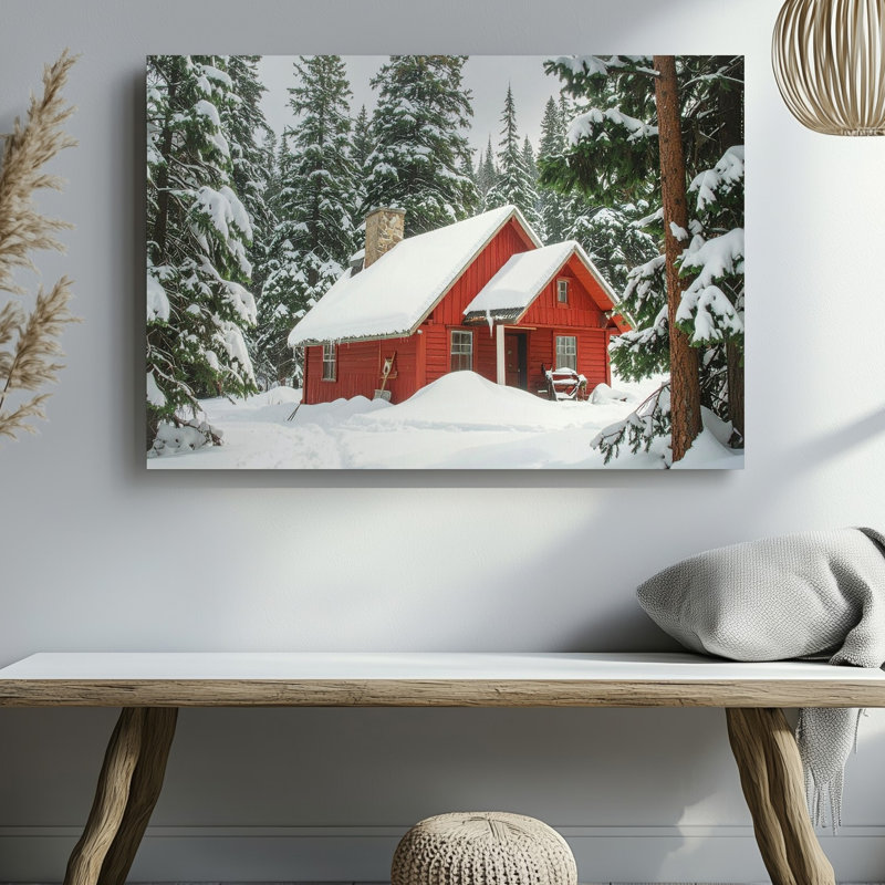 Red Cabin In Snowy Pines, H 20 po x l 30 po