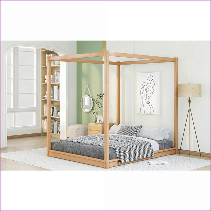 Grand lit plateforme à baldaquin en bois de pin avec pieds de soutien, aucun sommier nécessaire, finition naturelle pour la chambre principale