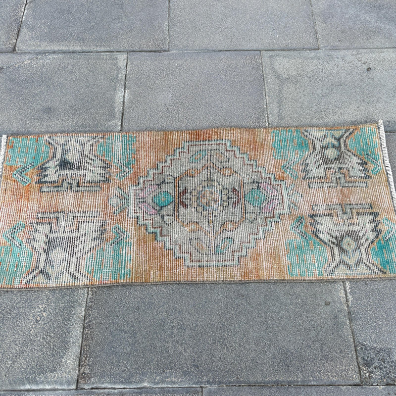Tapis de couloir turc rétro fait à la main avec motif Oushak vieilli en laine