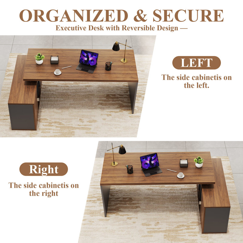 Bureau de direction luxueux et ergonomique avec design en L personnalisable et nombreuses solutions de rangement, Brun / Gris