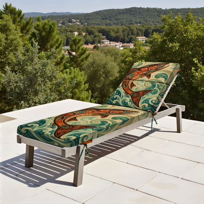  Outdoor Indoor 3'' Lounge Patio Cushion Stylized Salmon Fish Abstract Tribal Art Swirling Earth Tone Waves Water-Resistant Chaise Lounge Cushion for Chair Patio Furniture Seat Cushion