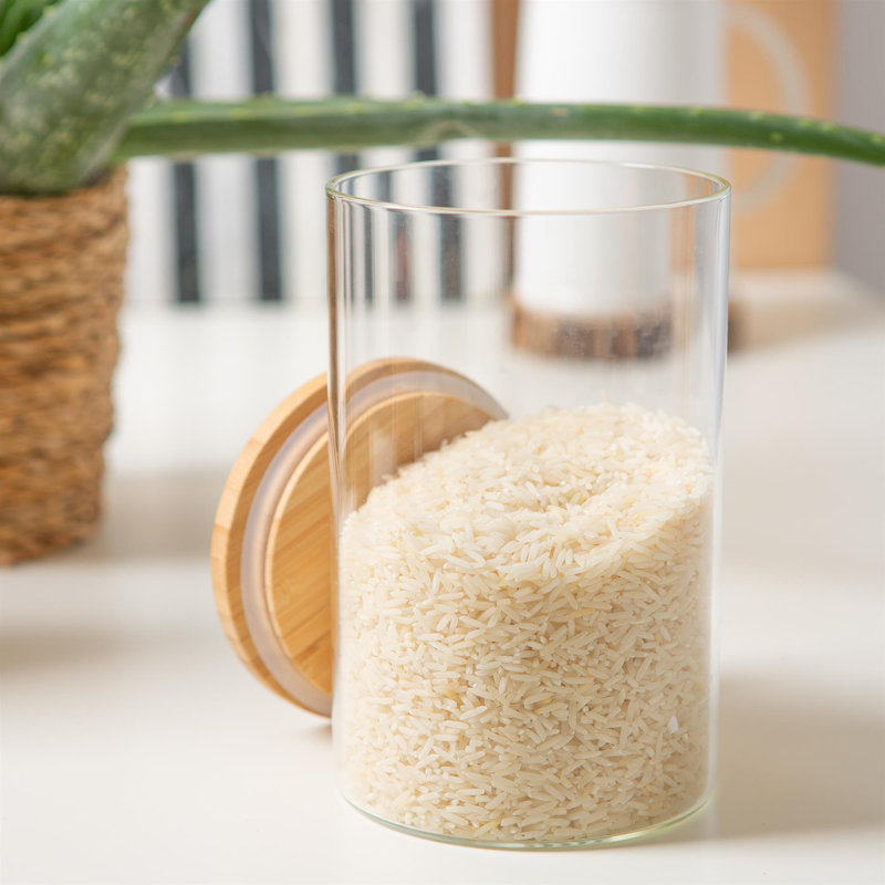 Argon Tableware - Scandi Glass Storage Jars with Wooden Lids - Set of 6, 15.5cm H x 10cm W x 10cm D