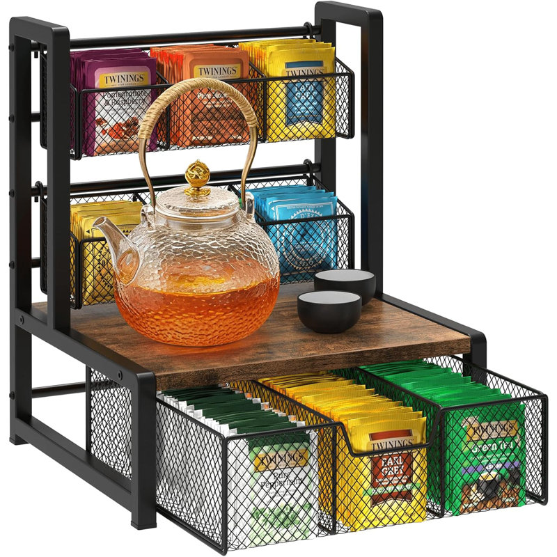 Organisateur de rangement pour sachets de thé à 3 niveaux, support à thé de bureau en fil métallique avec paniers en filet et plateau en bois, support à sachets de comptoir, support à compartiments multiples pour la cuisine, le café et le bureau