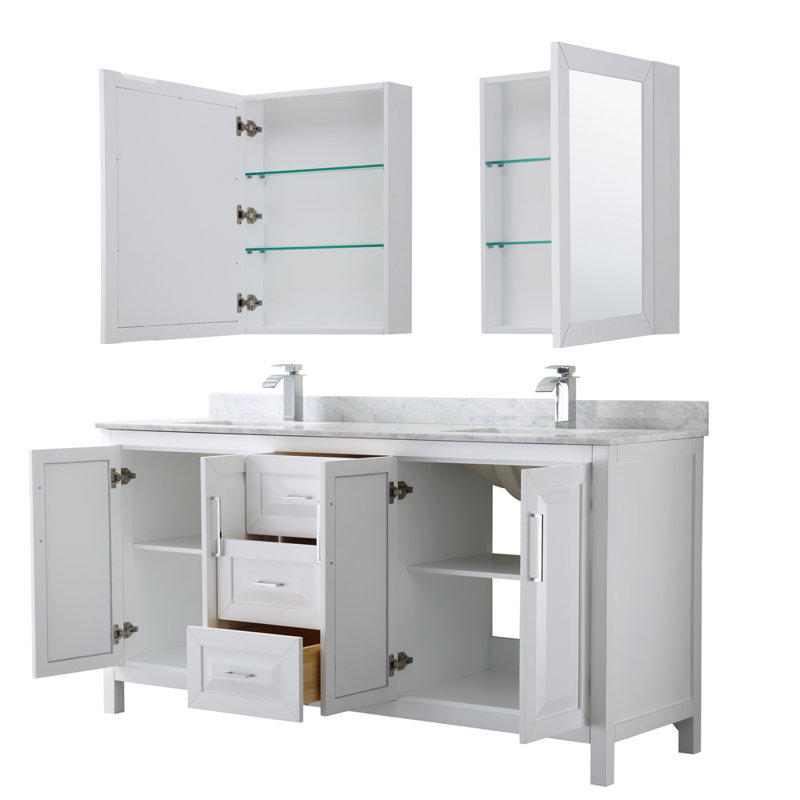 Ensemble de meuble-lavabo double 72 "avec miroir Daria, Marbre de Carrare blanc, Blanc, Chrome poli