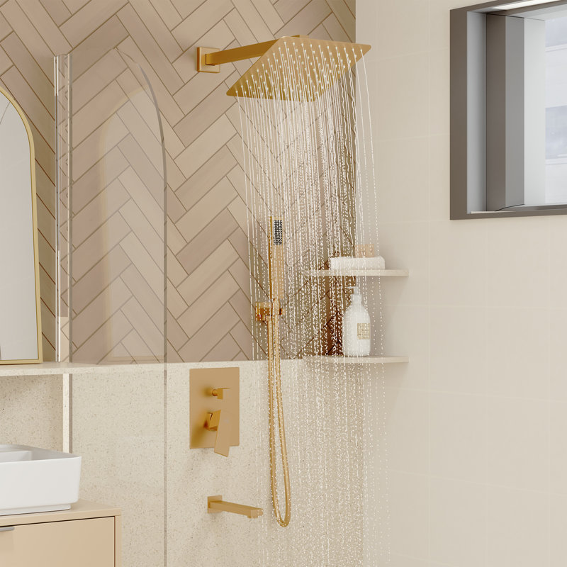 10inch 3 Function Wall Mount Complete Rainfall Shower System with Rough in-Valve, Brushed Gold