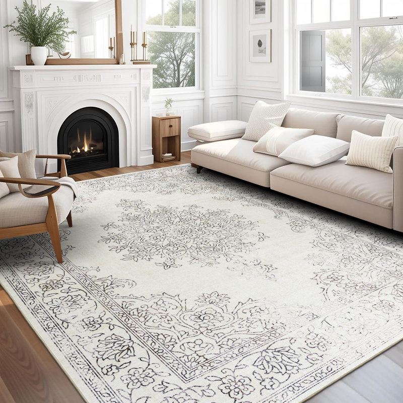 Sabrenna Paige Distressed Ivory Machine Washable Area Rugs, Rectangle 7'6" x 9'6"