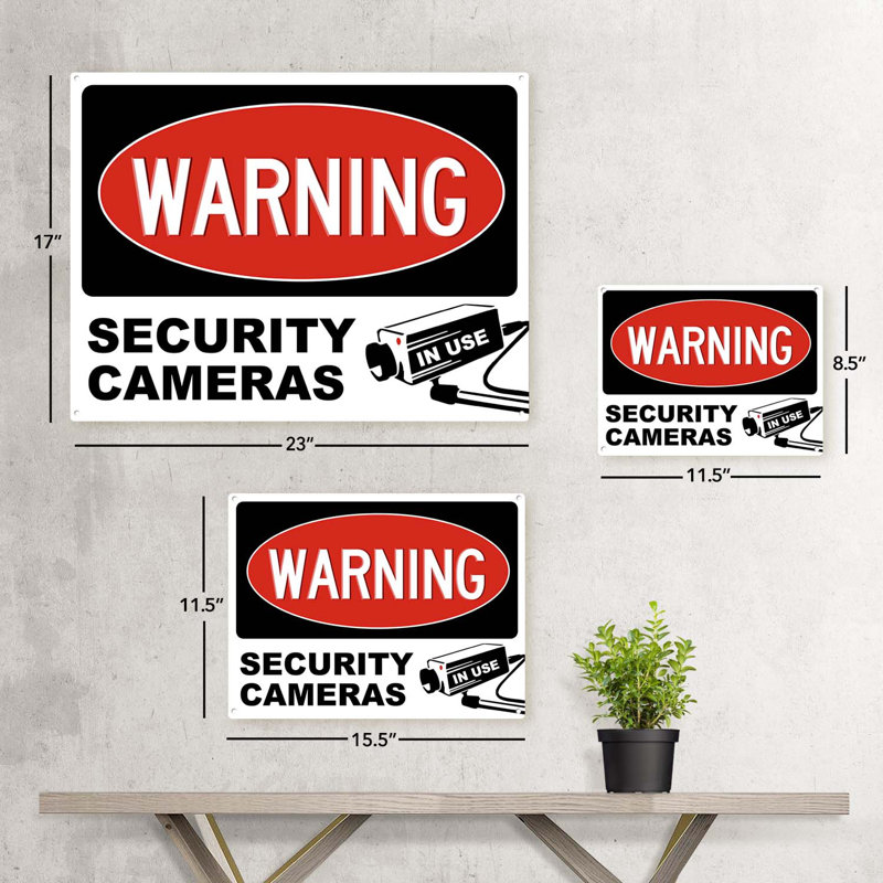 " Blue Warning Security Cameras ", White/Black/Red, 11.5" H x 15.5" W x 0.04" D
