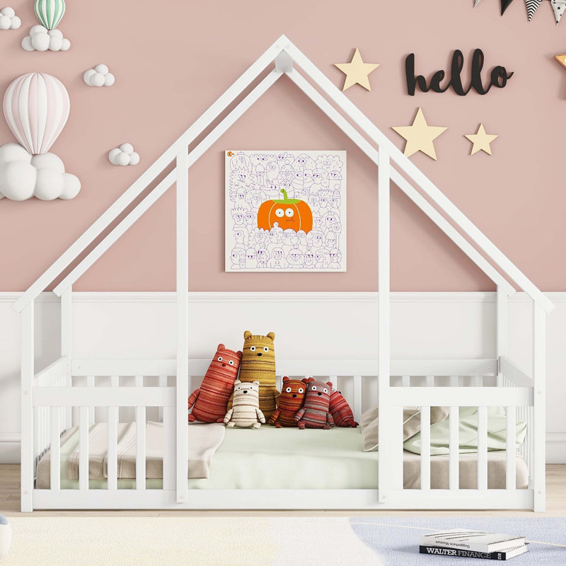 White Solid Wood Full House-Shaped Floor Bed With Fence And Safety Guardrails, White, Full