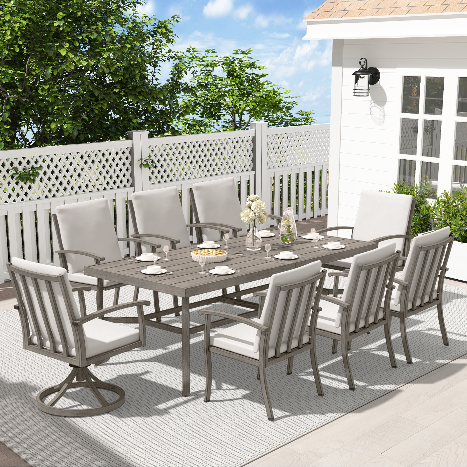 Colby Aluminum Patio Dining Set With 2 Swivel Dining Chairs, Dining Chairs And Washable Cushions, 8, Gray