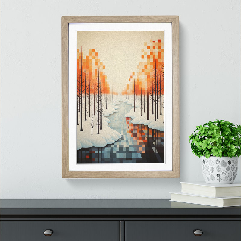 Winter Landscape Geometric No.2 - Single Picture Frame Print on Wood, Oak, 64cm H x 46cm W x 2cm D