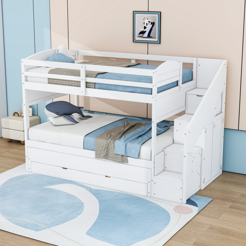 Lit superposé simple en TG avec lit gigogne, garde-robe et 3 tiroirs, Blanc