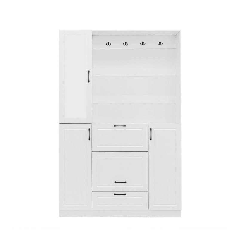 51.1'' Entryway Bench With Integrated Shoe Cabinet , 3-In-1 Design And Mirrored Cabinet Door, Hall Tree With 4 Sturdy Hooks And Foldable Seat For Entrance, Living Room