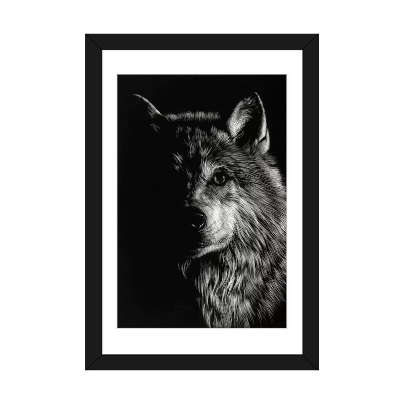 «Wolf III», reproduction de photo sur toile, H 32 po x l 24 po x P 1 po, Papier d'art encadré noir, Blanc