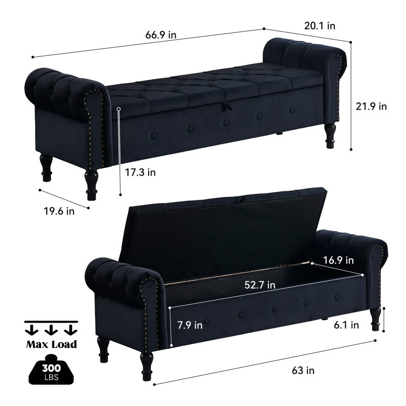 Banc de rangement en velours 66,9 po, Noir, noir, noir, noir
