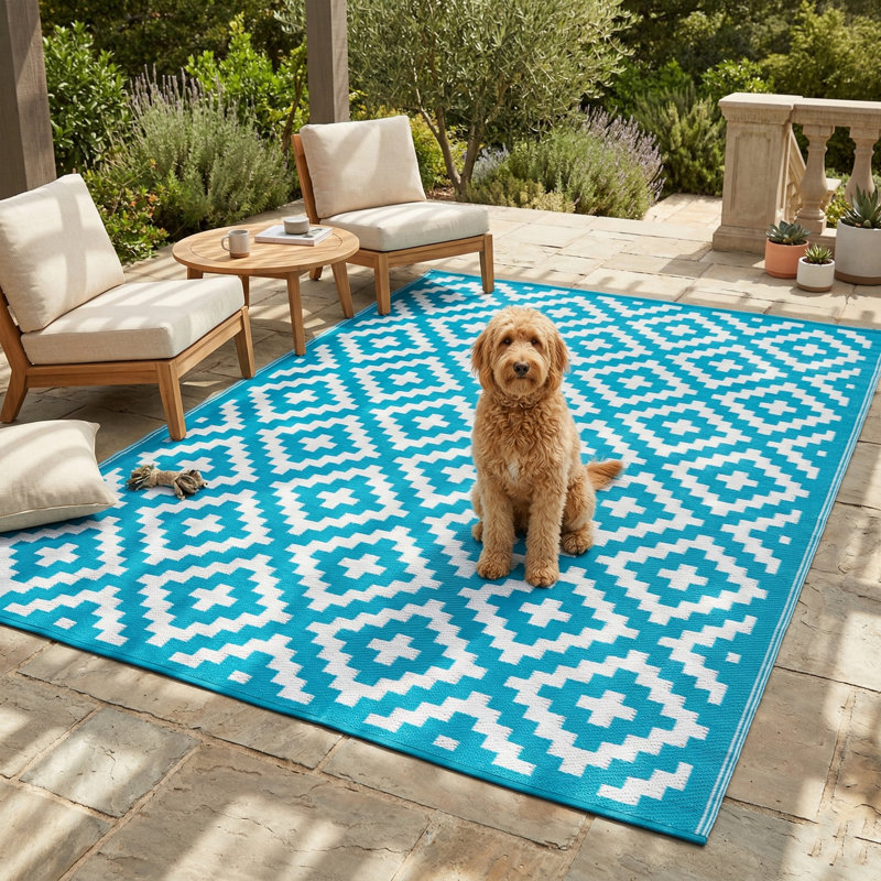 Tapis d'extérieur imperméable en paille recyclée Izna, Rectangle de 5 pi x 8 pi,  Aztec - Teal/White