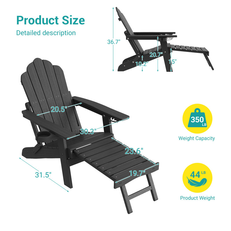 4pcs Folding Adirondack Chair with Retractable Ottoman and Cup Holder Adjustable Adirondack Chair with Footrest Set, Black