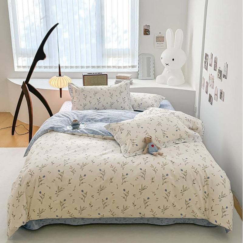 Blue Floral Duvet Cover Set Botanical Flower White Bedding Comforter Cover Set, Queen Duvet Cover + 2 Standard Pillowcases