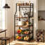 Rustic Brown 5-Tier Industrial Baker’s Rack, Multi-Functional Kitchen Storage Shelf, Microwave & Coffee Bar Station with Steel Frame, 2 Wire Baskets and 8 Hooks