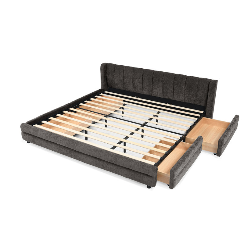Très grande base de lit tapissier avec tissu chenille, tiroir de rangement intégré et tête de lit robuste pour plus de confort et d'organisation.