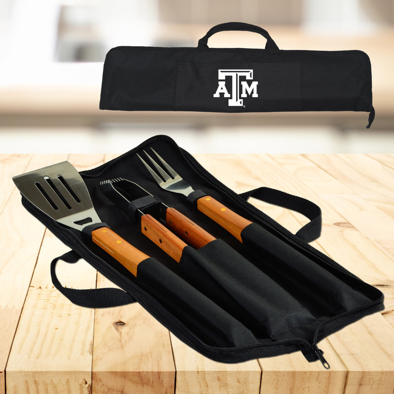 NCAA Texas A&M Aggies 3 Piece BBQ Tool Set With Wood Handles And Carry Case
