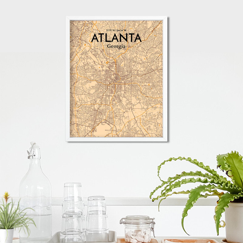 Carte de la ville d'Atlanta, impression rétro, Orange / or pâle, H 20 po x l 16 po