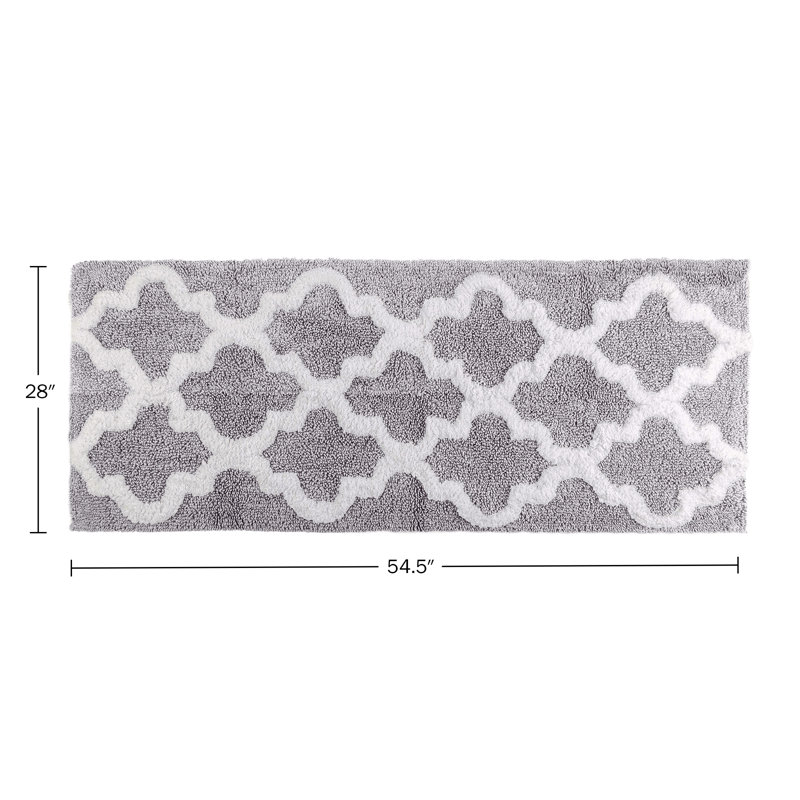 Freida 24x60-inch Cotton Bathroom Rug with Trellis Pattern and Non-Slip Base - Machine Washable, Silver