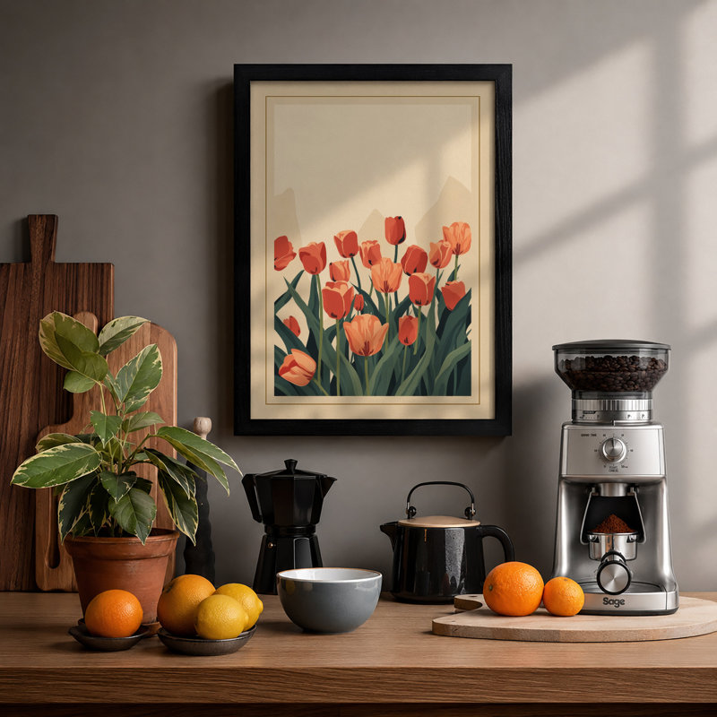 Tulip Field Botanical - Framed Print, A1 - 84.1 x 59.4 cm, Black