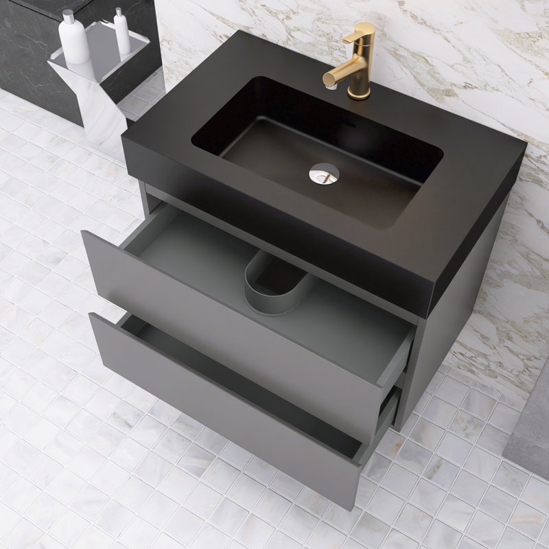 Ensemble de meuble-lavabo simple 30 po avec surface solide Lillyanah, Noir mat, Gris
