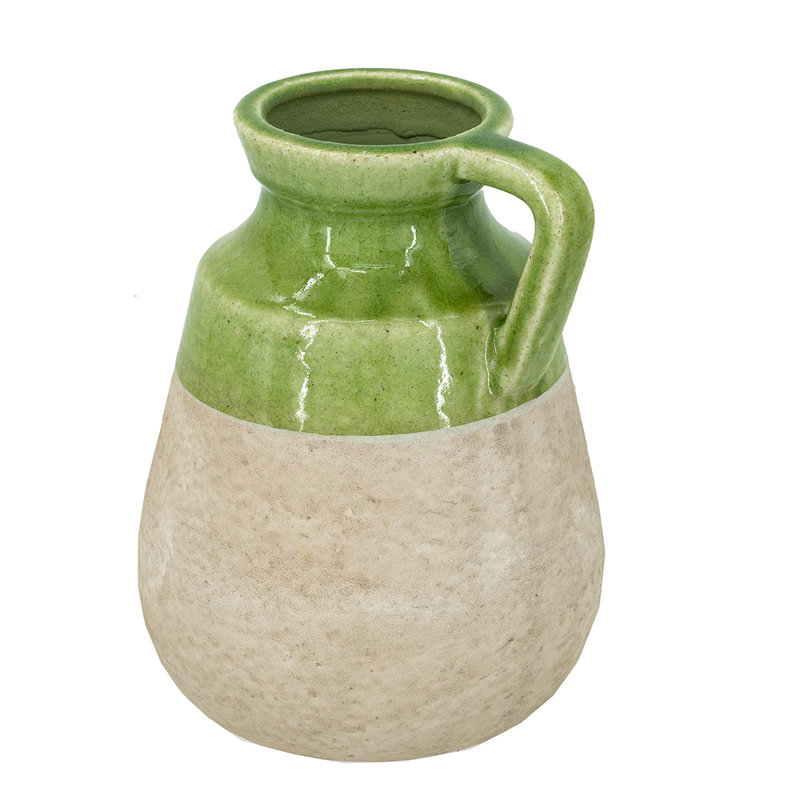 Vase en terre cuite avec glacis vert et finition brun clair naturel