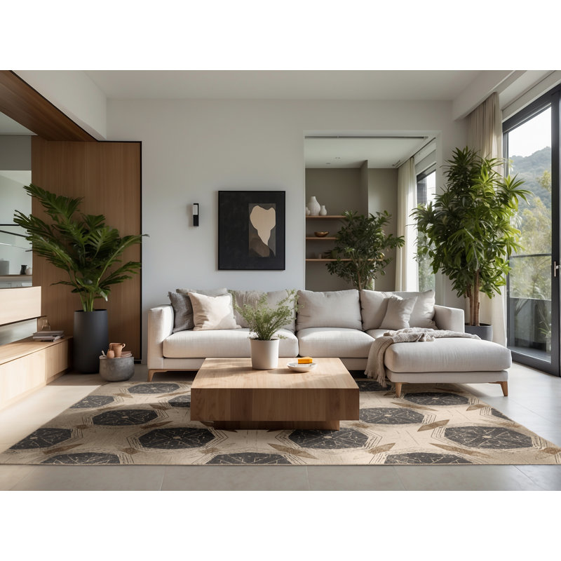 Soft Plush Ealey Global Inspired Moroccan Area Rug in Beige – Beige Binding, 8' Round