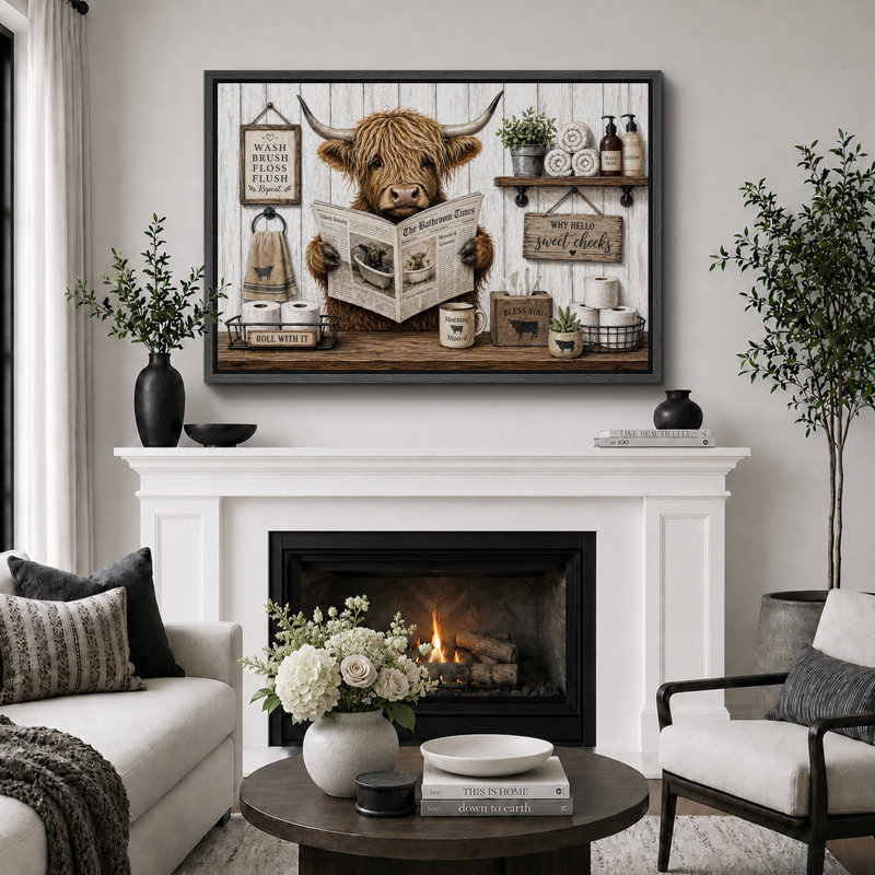 Highland Cow, salle de bain humoristique, œuvre d'art campagnard, H 16 po x l 24 po x P 1,5 po, Cadre noir