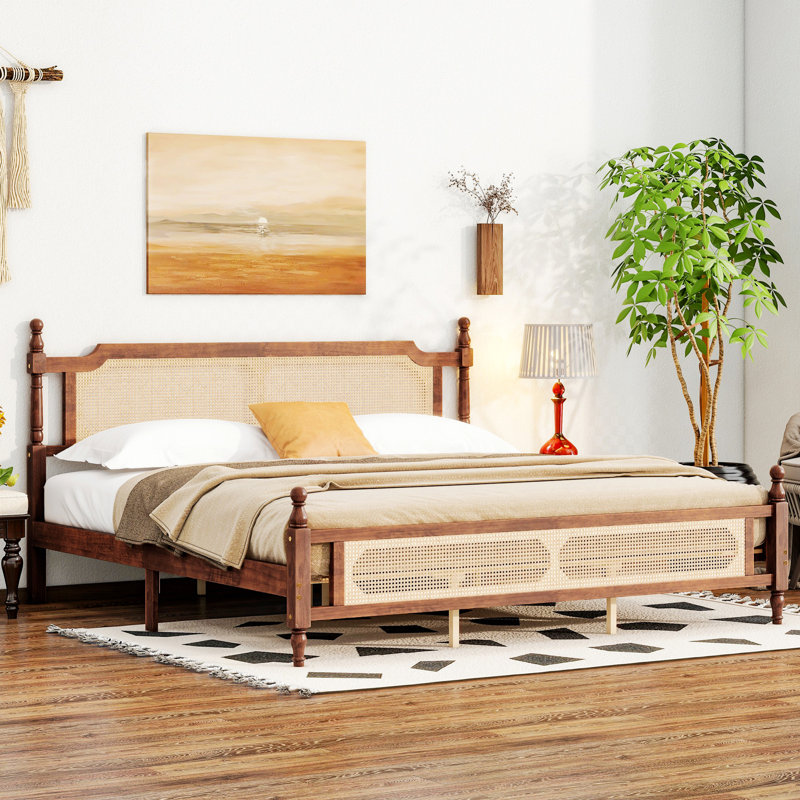 Wooden Bed With Rattan Headboard  And Footboard