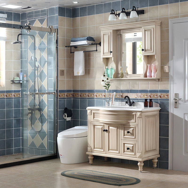 Meuble-lavabo de salle de bain autoportant en bois d'hévéa 39,37 po avec miroir