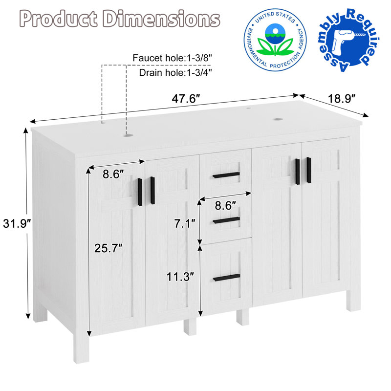 Meuble-lavabo double 48 po avec lavabos vasques, robinets, White