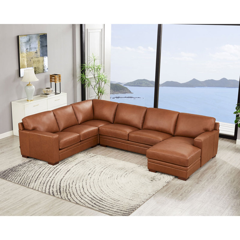 Dillon Upholstered U-Shaped Sectional, Cinnamon Brown Genuine Leather, Right Hand Facing