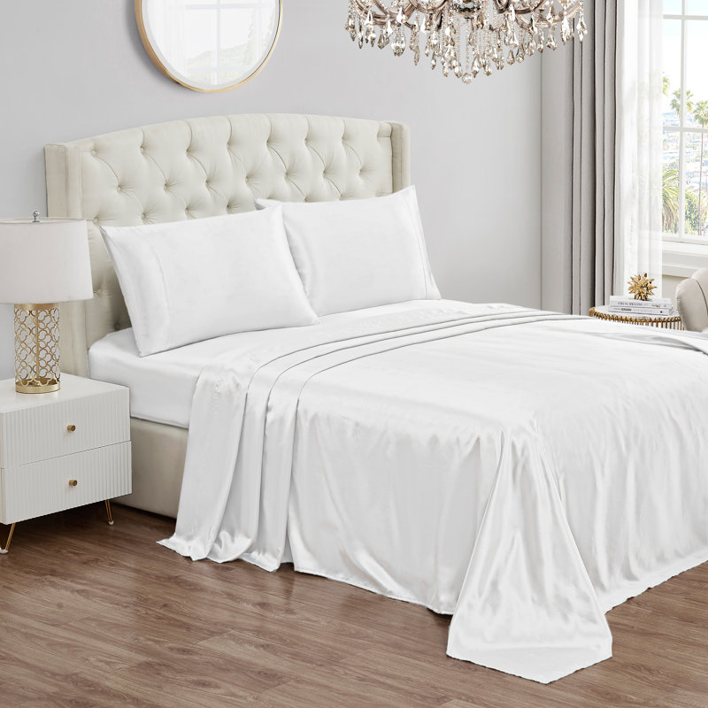 Juicy Couture Premium Silky Satin Sheet Sets, Queen Sheet Set with 2 Pillowcases, White