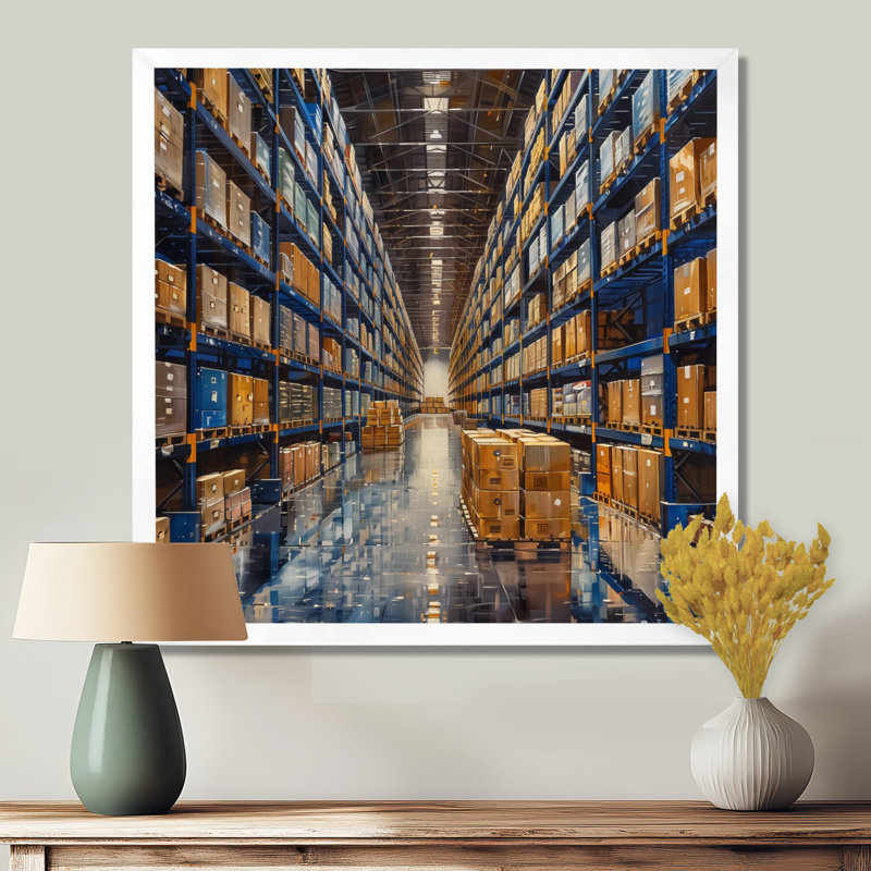 «Blue Warehouse», H 16 po x l 16 po, Cadre simple blanc, bois massif