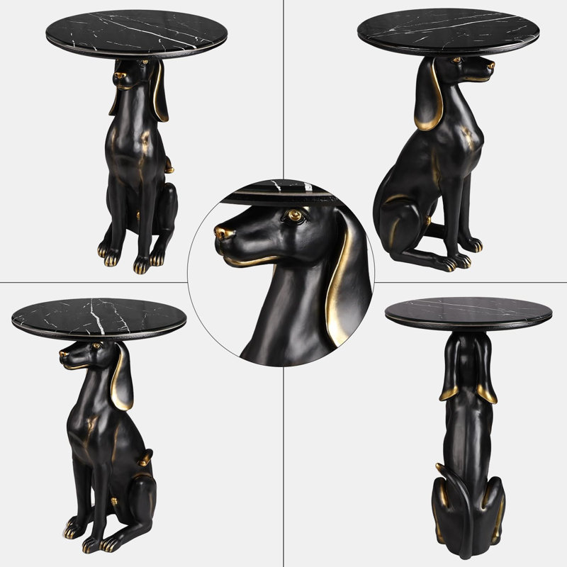 Unique End Tables Office - Pedestal Table with Round Faux Marble Top Black Artistict Labrador Retriever Statue Base NightStand Bedside Simple Table