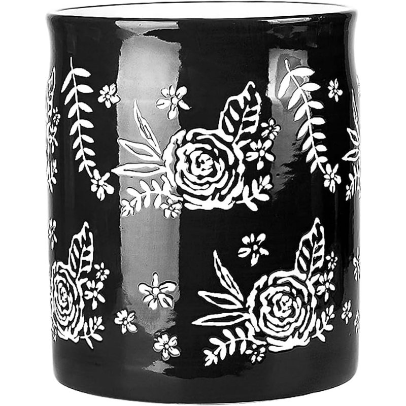 Black Floral Porcelain Cylinder Utensil Crock