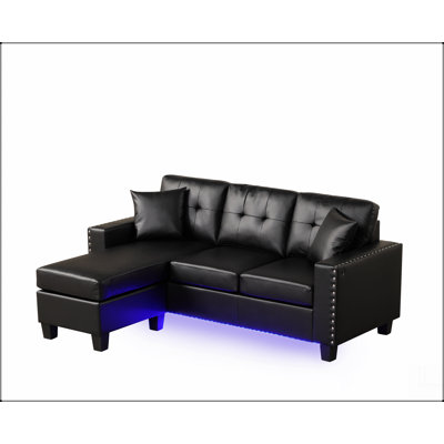 Canapé modulaire réversible de 74 po en PVC noir avec lumière DEL, port USB, garniture cloutée, coussins décoratifs, coussin touffeté