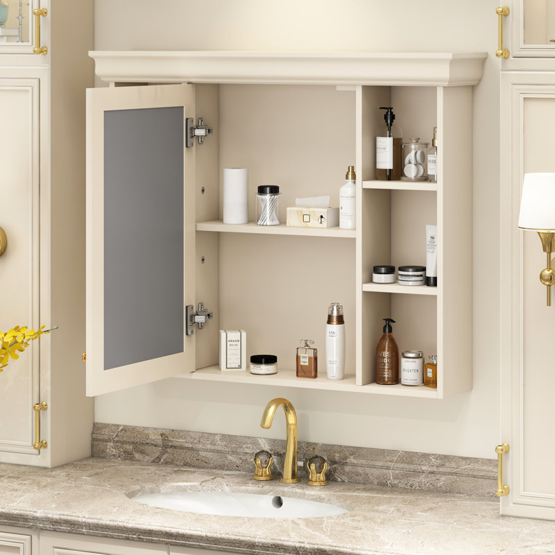 Armoire de salle de bain avec miroir et rangement - Beige / Crème / Mural