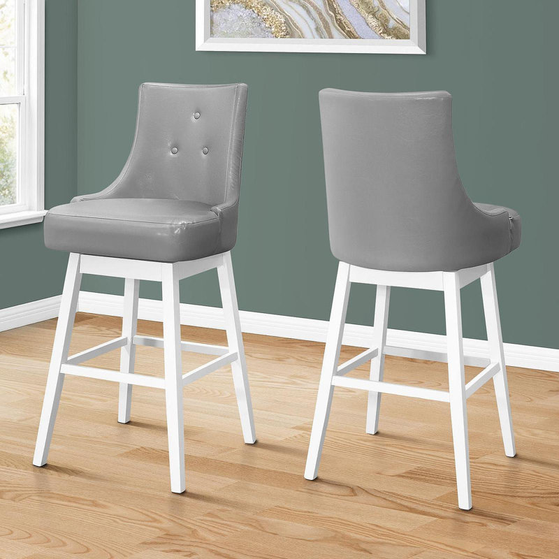 Tabouret de bar, ensemble de 2, pivotant, hauteur de bar, bois blanc, aspect cuir gris, transitionnel